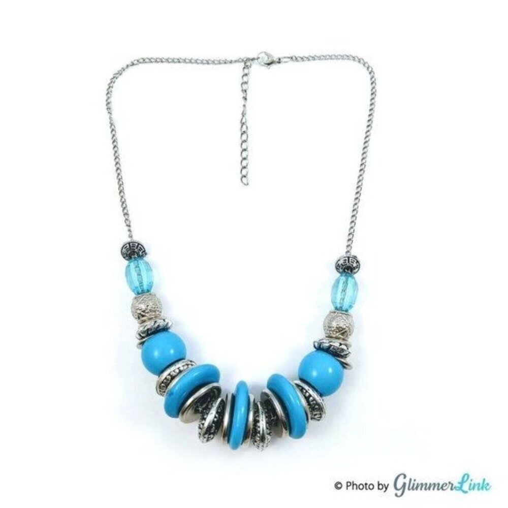Blue & Silver Tone Slide Beads Statement Necklace